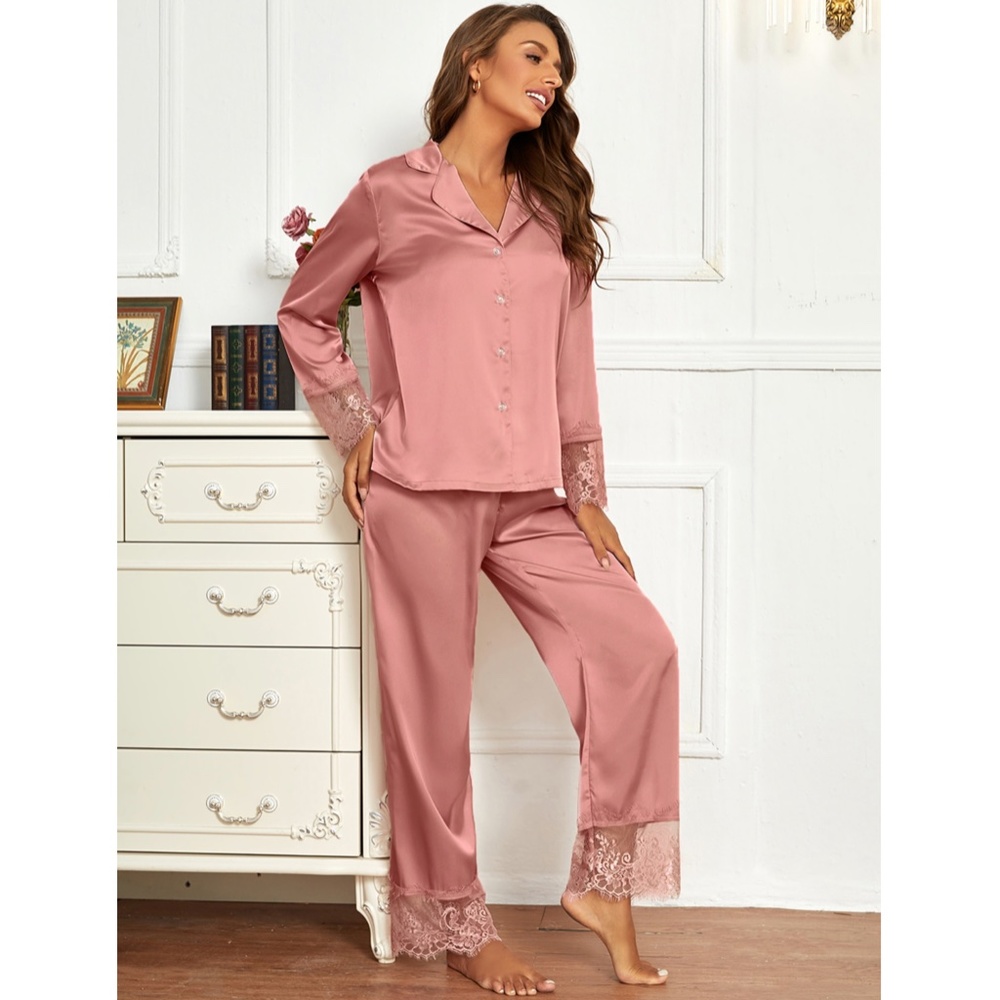 Dusty Pink Satin Pajamas Lace Detail 2 Piece Set Shirt & Pants - Picture 4 of 6